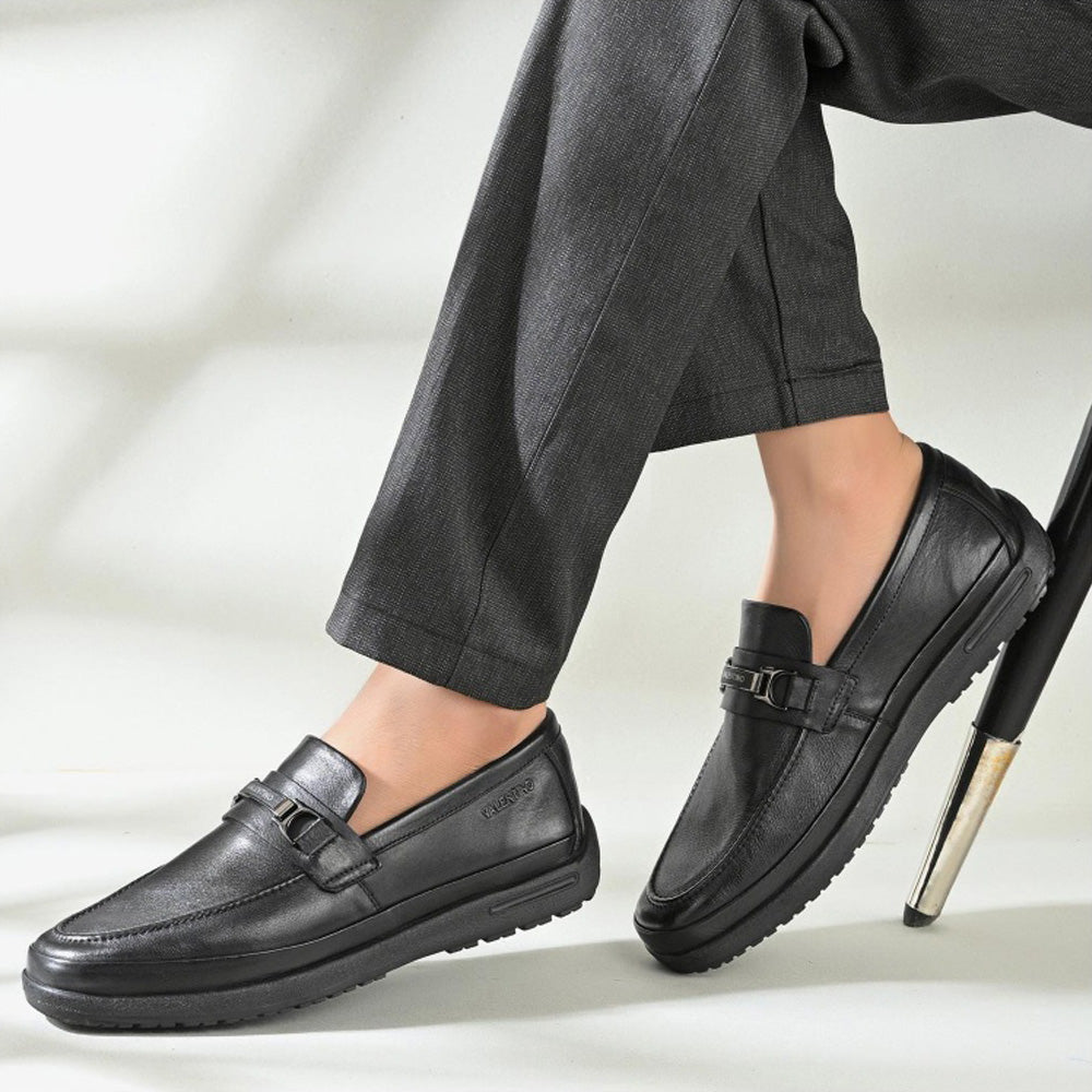 Valentino Men Premium Leather Black Formal Slip-On Loafer Shoes