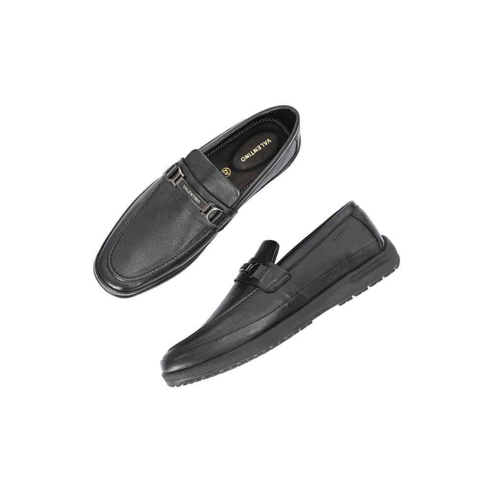 Valentino Men Premium Leather Black Formal Slip-On Loafer Shoes