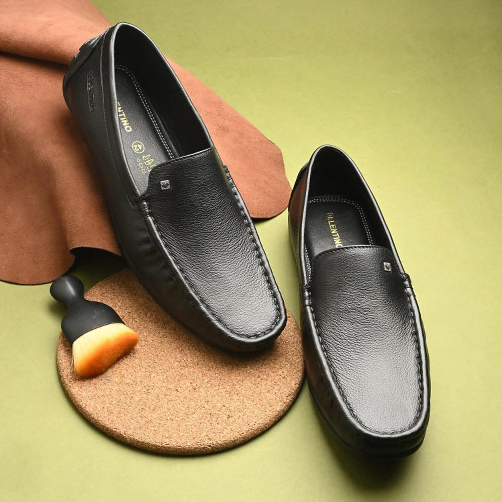 Valentino Men Premium Leather Black Slip On Loafer
