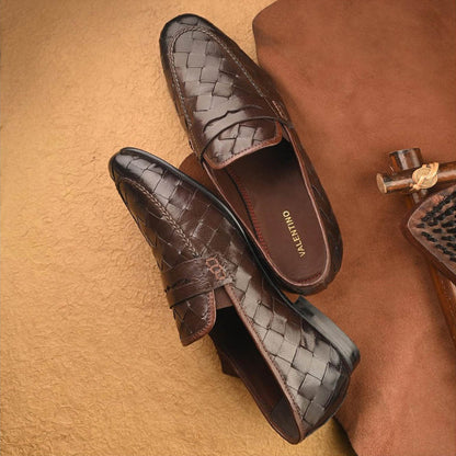 Valentino Genuine Leather Woven Slip-On Loafers for Men with Nulite Sole