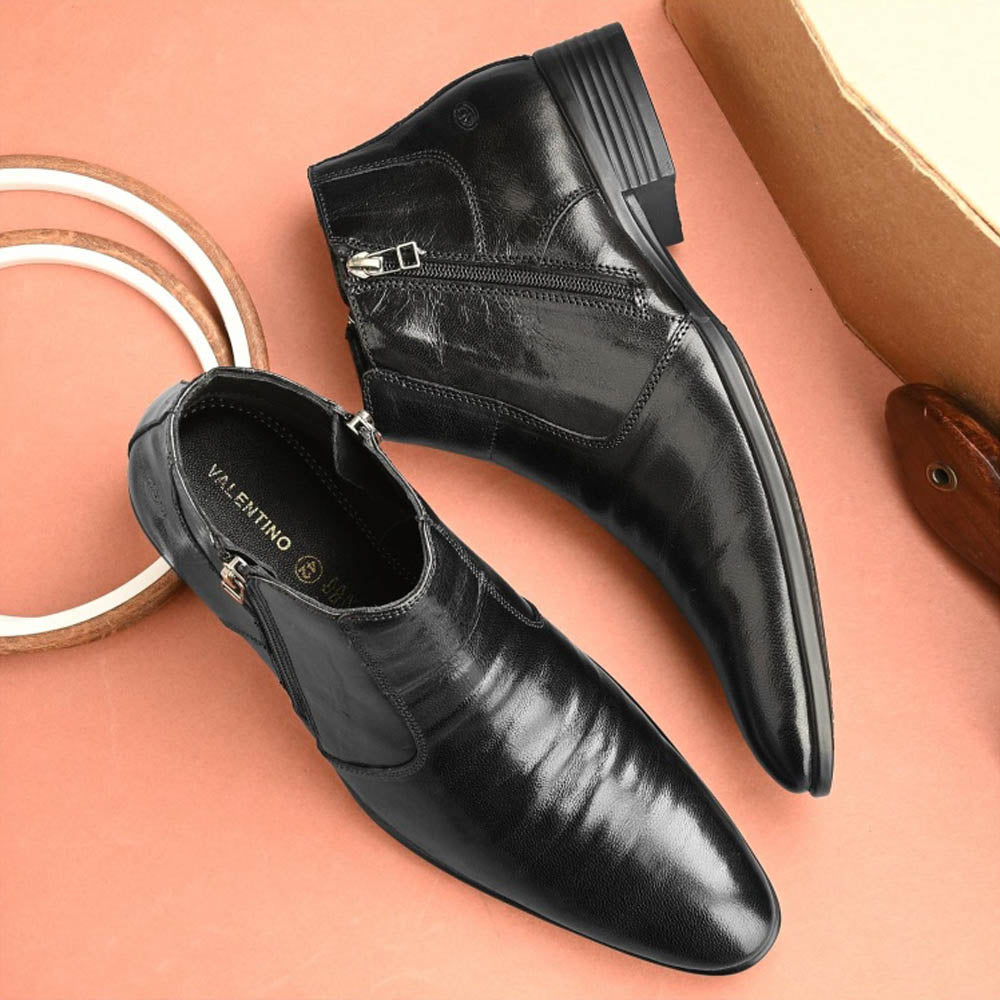 Valentino Men Premium Leather Black Formal Ankle Dual Side Zipper Boot