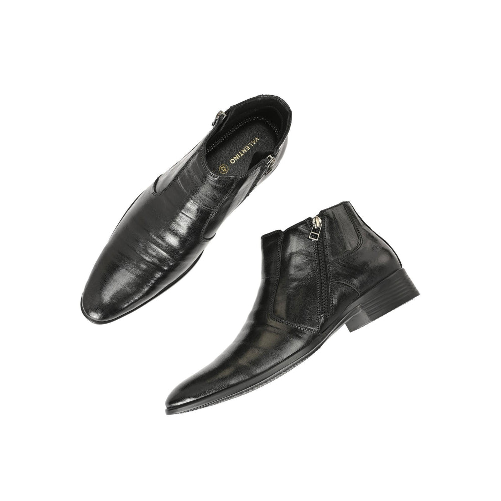 Valentino Men Premium Leather Black Formal Ankle Dual Side Zipper Boot