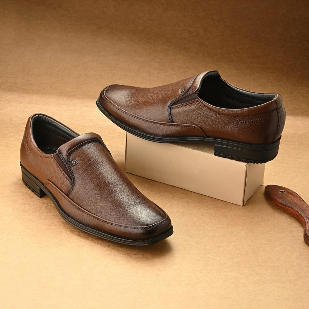 Valentino Men Premium Leather Mocca Slip-On Formal Loafer Shoes