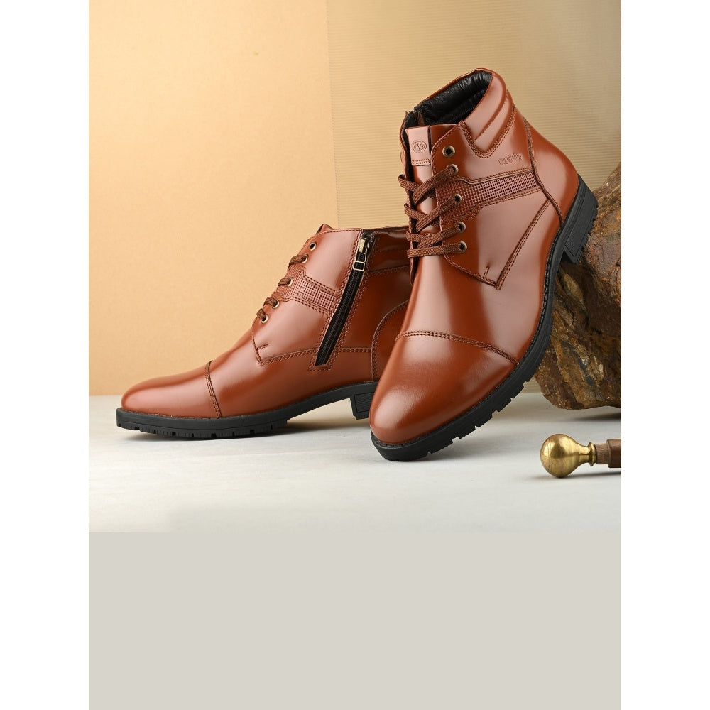 Valentino Men Premium Leather Police Lace-Up Ankle Boots with Side Zipper