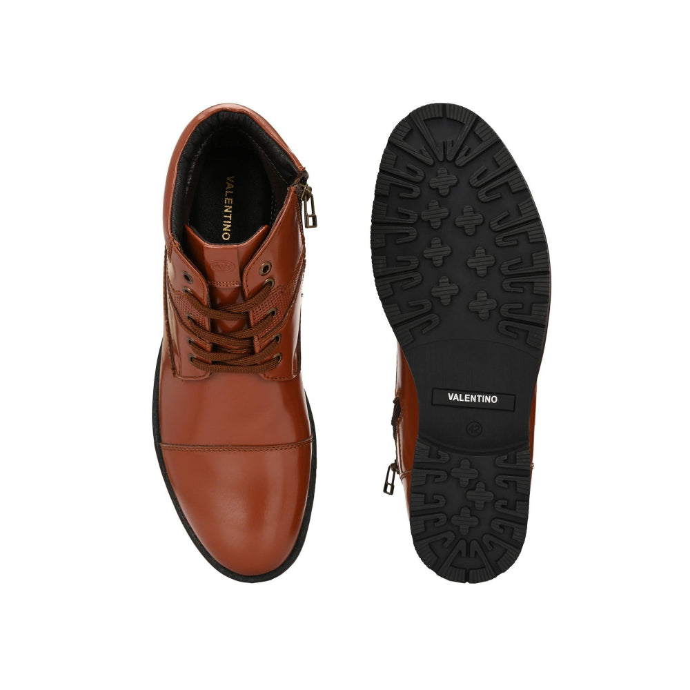 Valentino Men Premium Leather Police Lace-Up Ankle Boots with Side Zipper