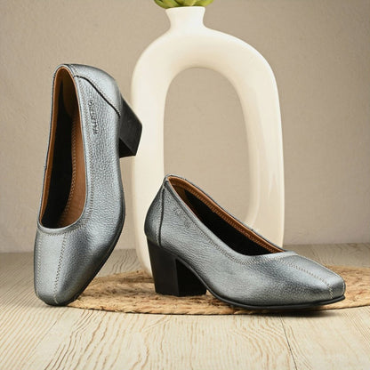 Valentino Women Grey Premium Leather Block Heel Pump
