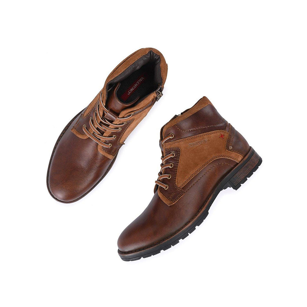 Valentino Men Premium Leather Side Zipper and Lace-Up Boot