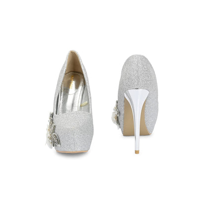 Valentino Women Silver Glitter Stiletto Pumps