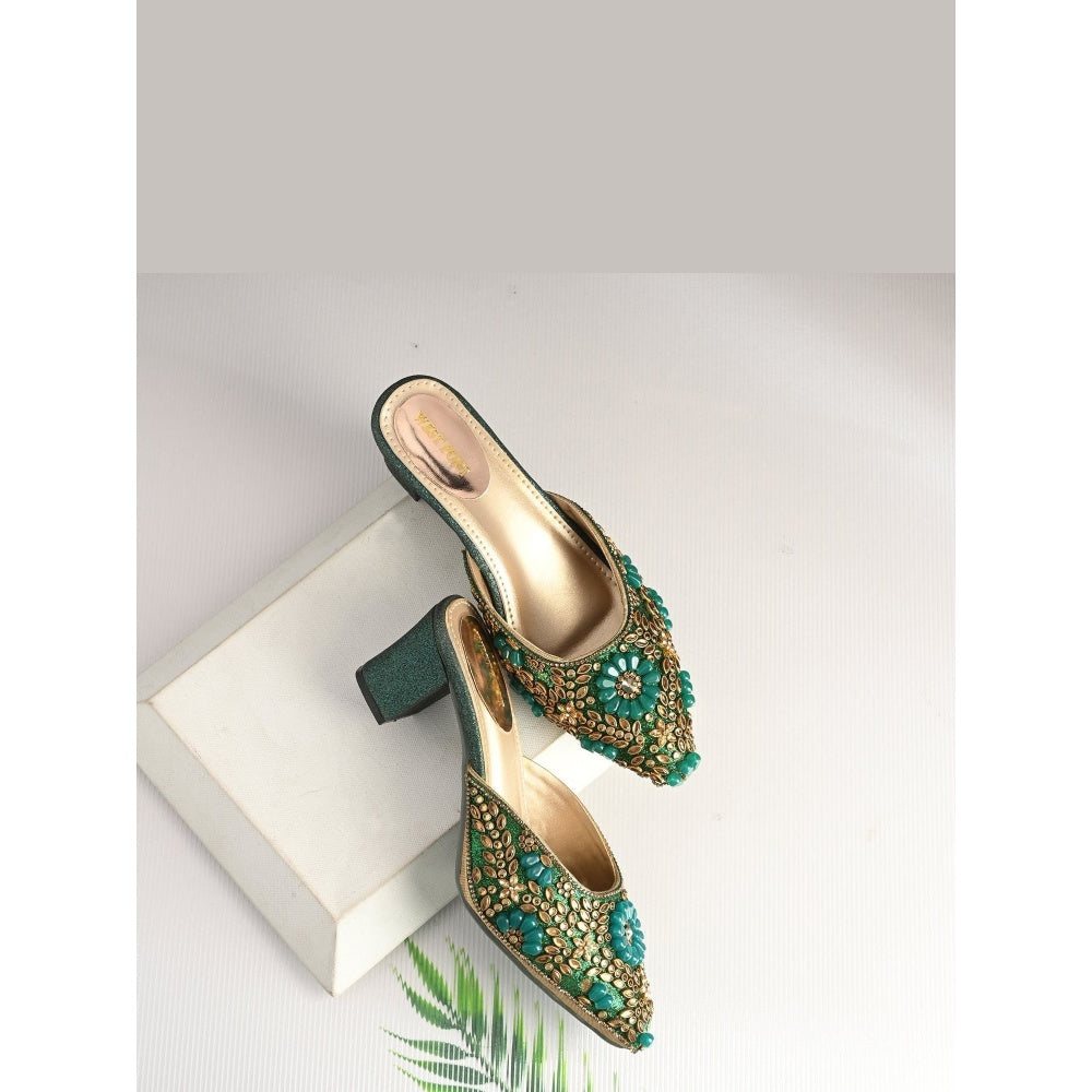 Valentino Women Green Ethnic Embellished Block Heel Mules