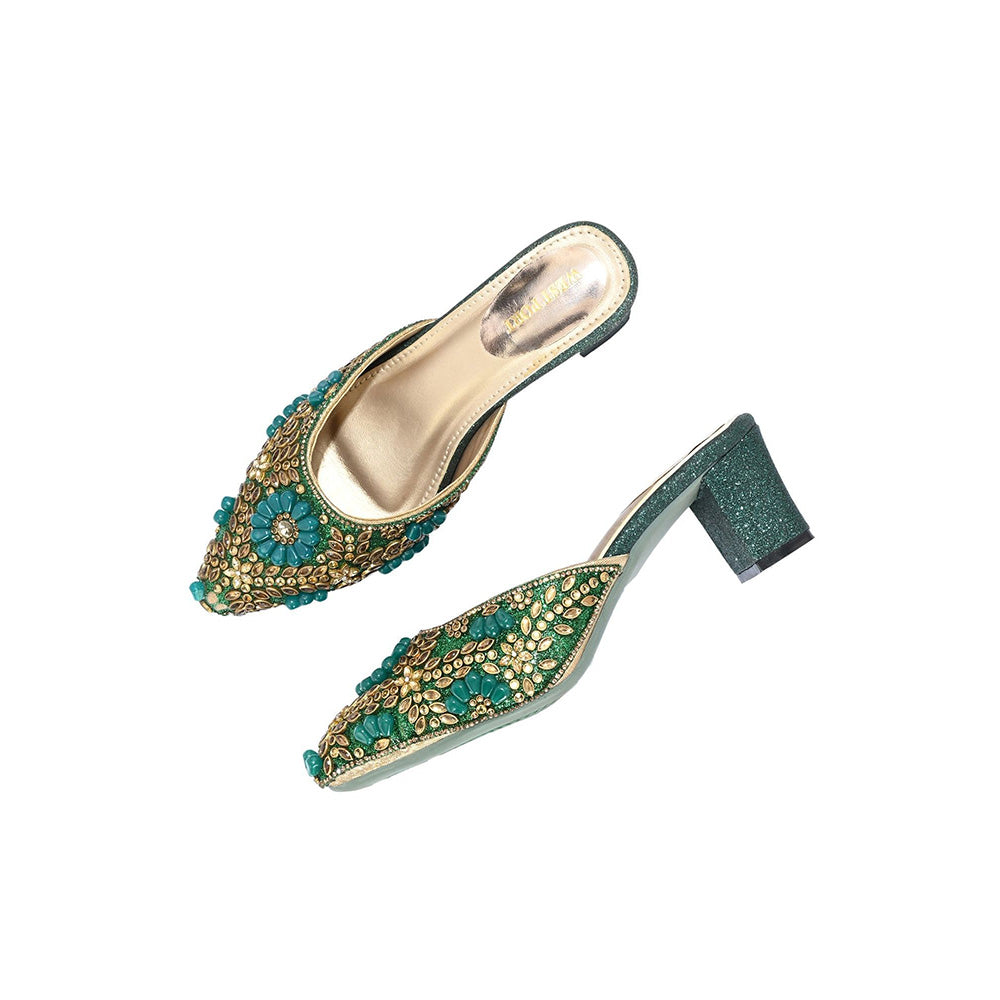 Valentino Women Green Ethnic Embellished Block Heel Mules