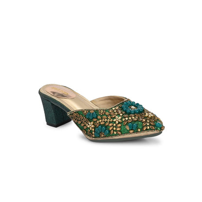 Valentino Women Green Ethnic Embellished Block Heel Mules