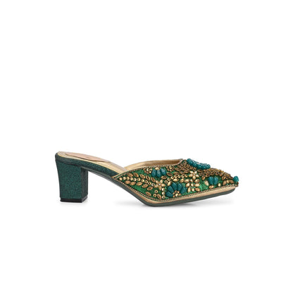 Valentino Women Green Ethnic Embellished Block Heel Mules