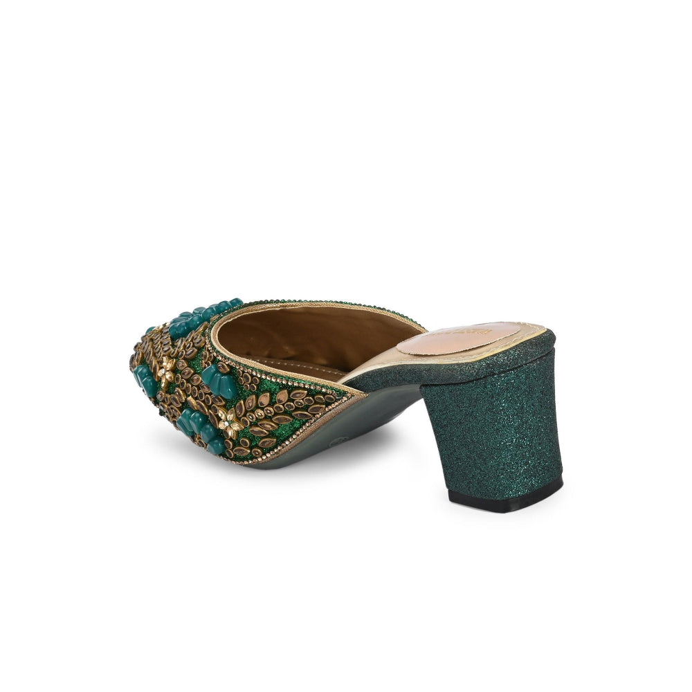 Valentino Women Green Ethnic Embellished Block Heel Mules