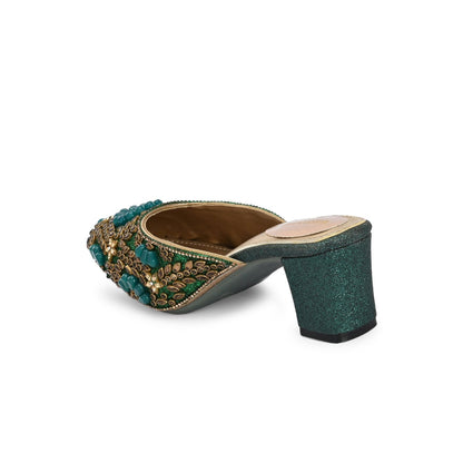 Valentino Women Green Ethnic Embellished Block Heel Mules