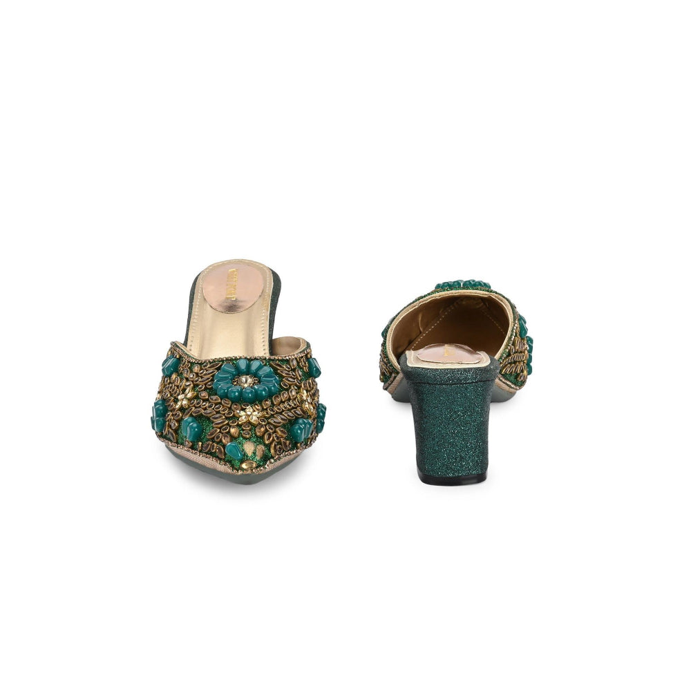 Valentino Women Green Ethnic Embellished Block Heel Mules