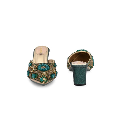 Valentino Women Green Ethnic Embellished Block Heel Mules