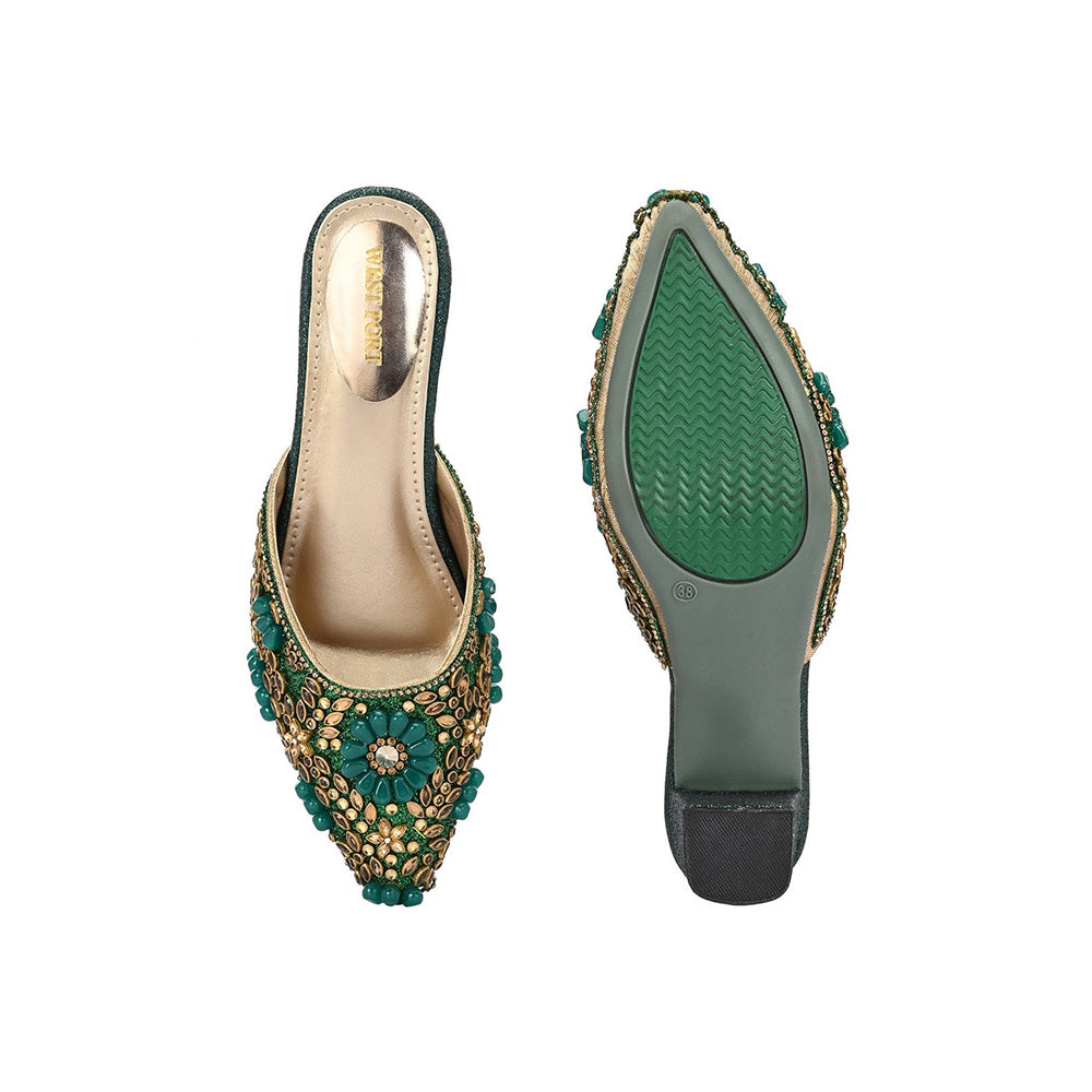 Valentino Women Green Ethnic Embellished Block Heel Mules