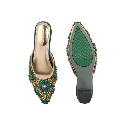 Valentino Women Green Ethnic Embellished Block Heel Mules