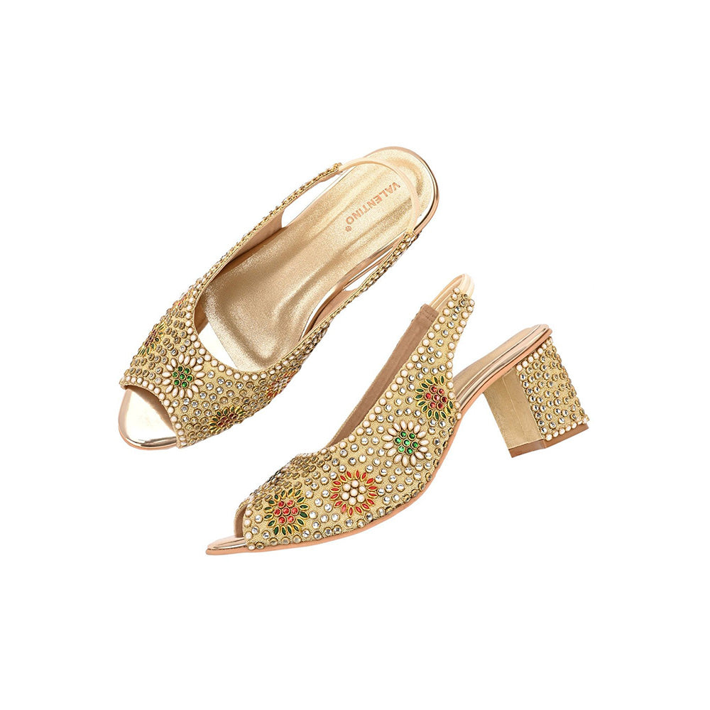Valentino Women Golden Open-Toe Embellished Slingback Heels