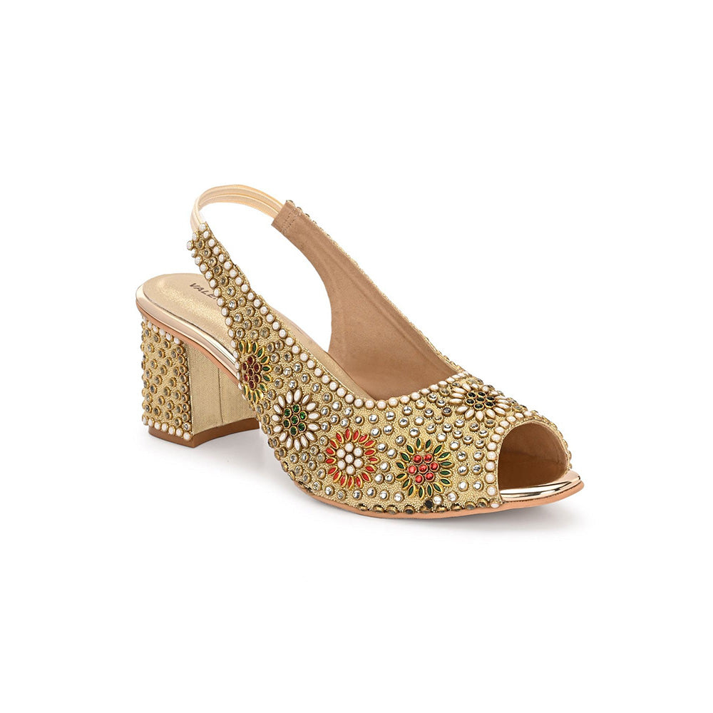 Valentino Women Golden Open-Toe Embellished Slingback Heels