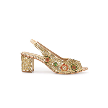 Valentino Women Golden Open-Toe Embellished Slingback Heels