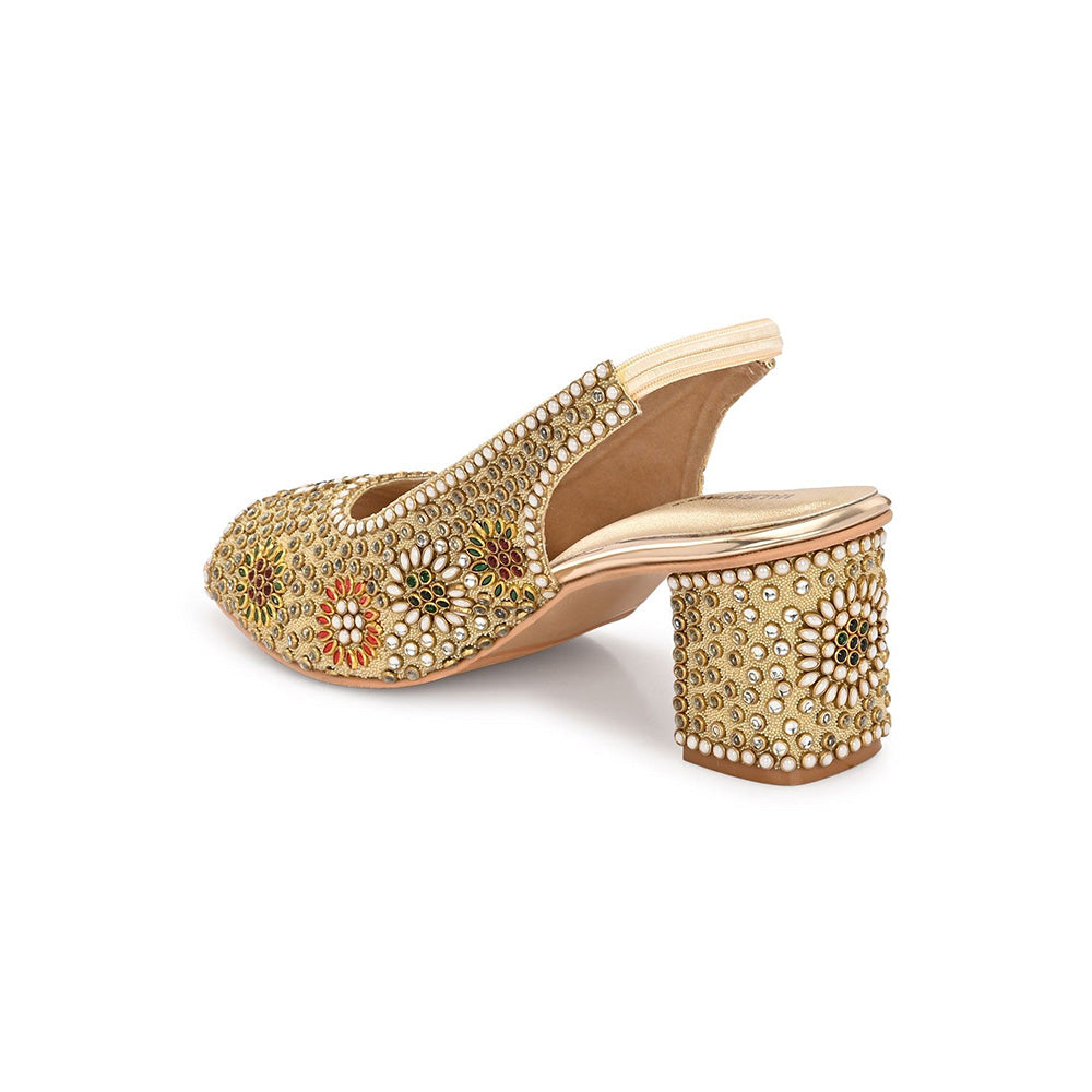 Valentino Women Golden Open-Toe Embellished Slingback Heels