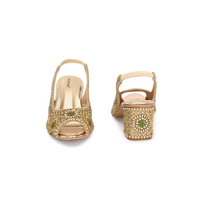 Valentino Women Golden Open-Toe Embellished Slingback Heels
