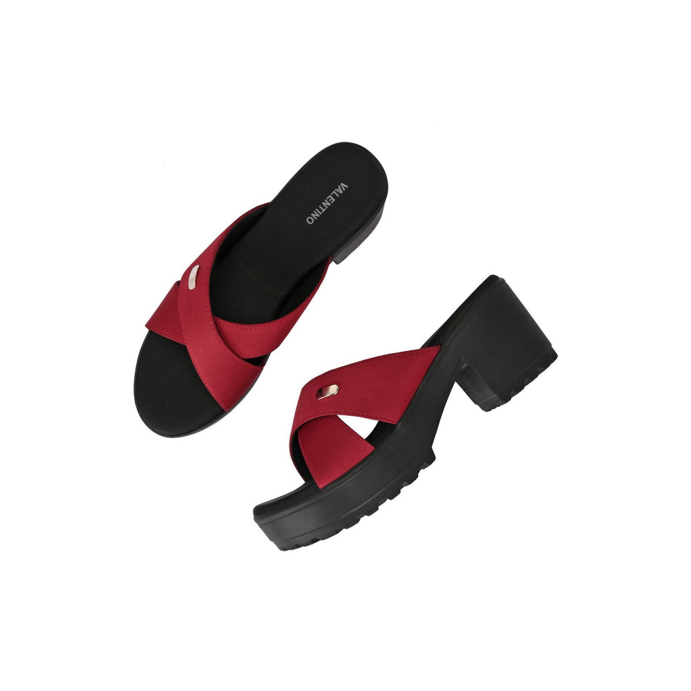 Valentino Women Maroon Block Heel Cross Strap Sandals