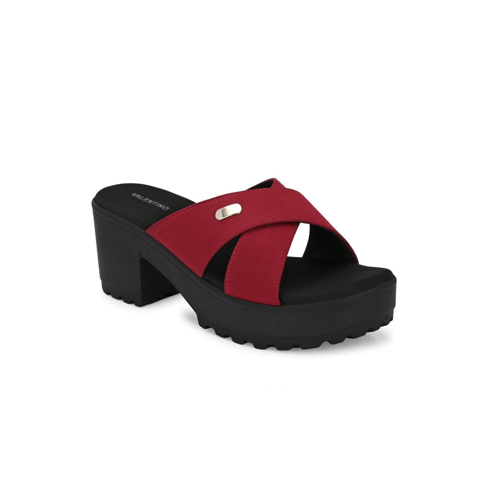 Valentino Women Maroon Block Heel Cross Strap Sandals