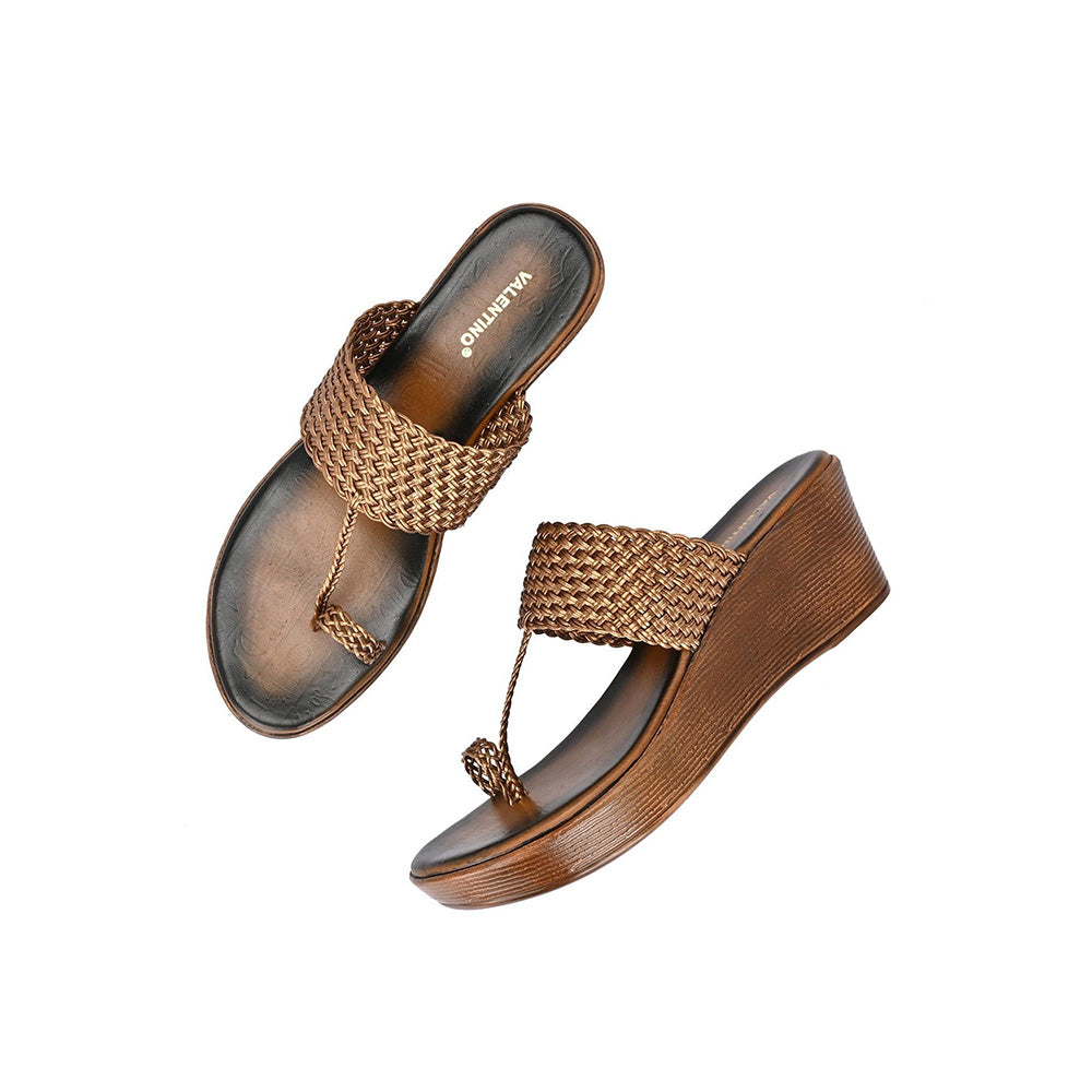 Valentino Women Gold Braided Wedge Heel Slip-On Sandals
