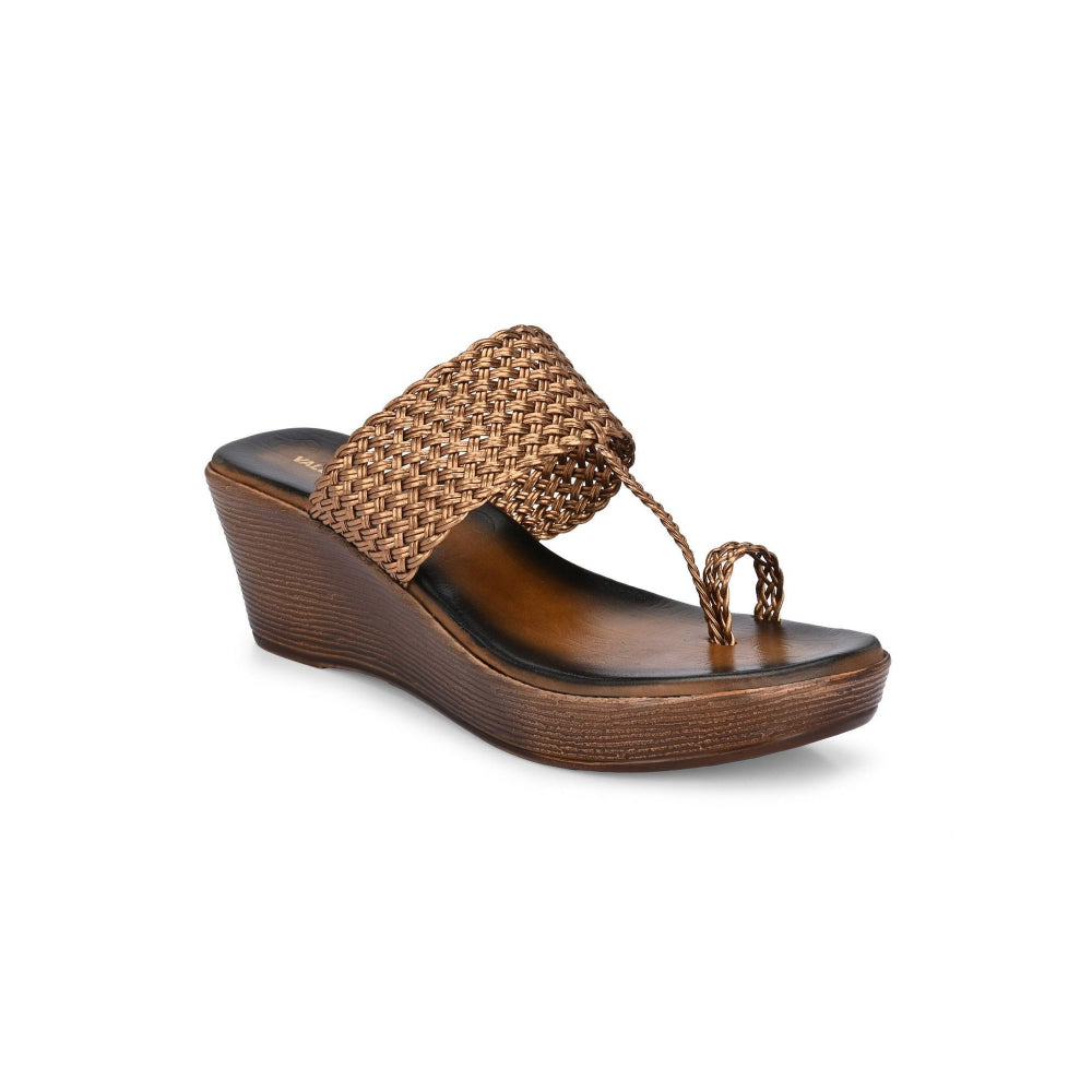 Valentino Women Gold Braided Wedge Heel Slip-On Sandals