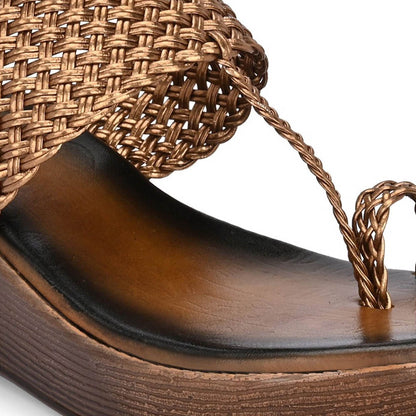 Valentino Women Gold Braided Wedge Heel Slip-On Sandals