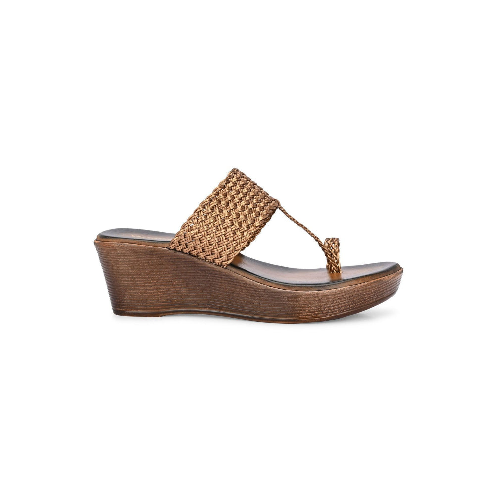 Valentino Women Gold Braided Wedge Heel Slip-On Sandals