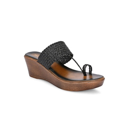 Valentino Women Black braided Wedge Heel Slip-On Sandals