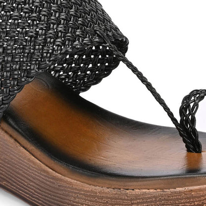 Valentino Women Black braided Wedge Heel Slip-On Sandals