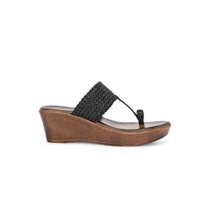 Valentino Women Black braided Wedge Heel Slip-On Sandals