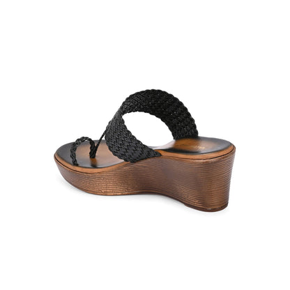 Valentino Women Black braided Wedge Heel Slip-On Sandals
