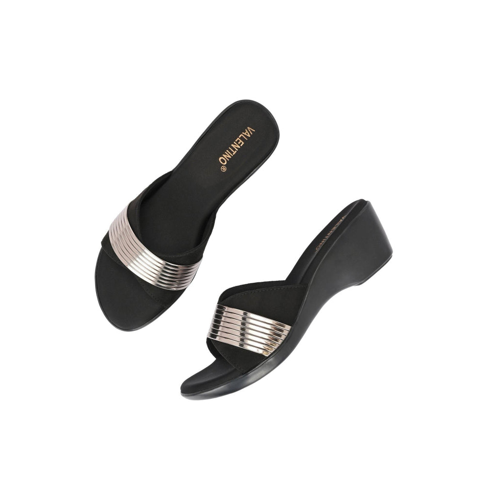Valentino Women Black metallic Accent Wedge Slip-On Sandals