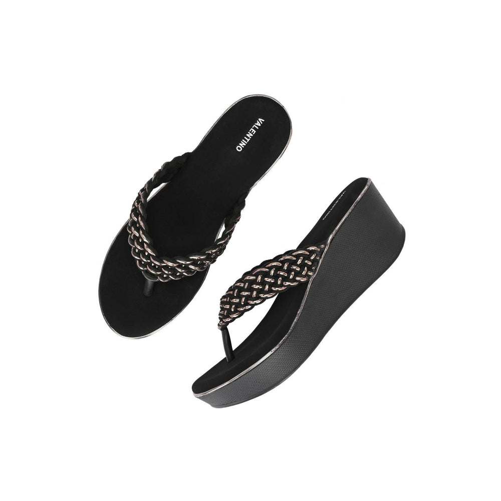 Valentino Women Black braided Platform Wedge Thong Sandals