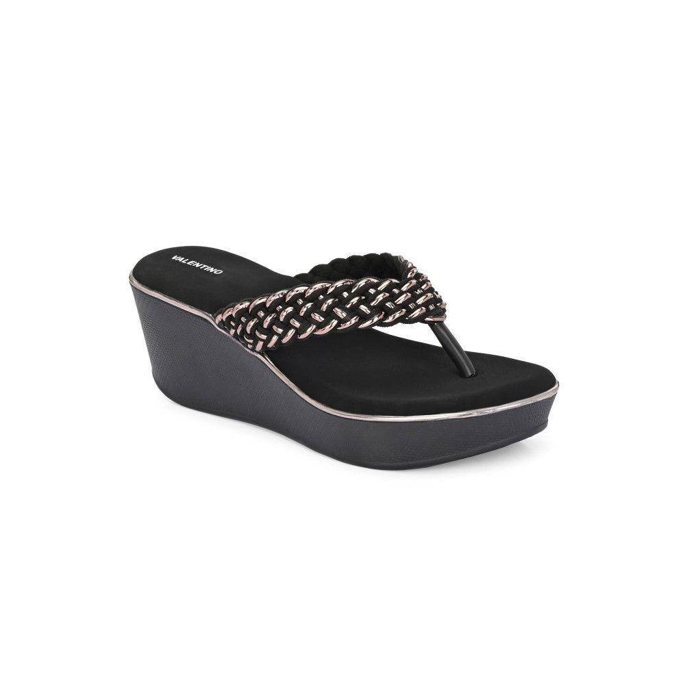Valentino Women Black braided Platform Wedge Thong Sandals