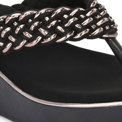 Valentino Women Black braided Platform Wedge Thong Sandals