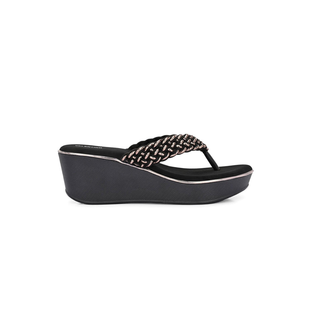 Valentino Women Black braided Platform Wedge Thong Sandals
