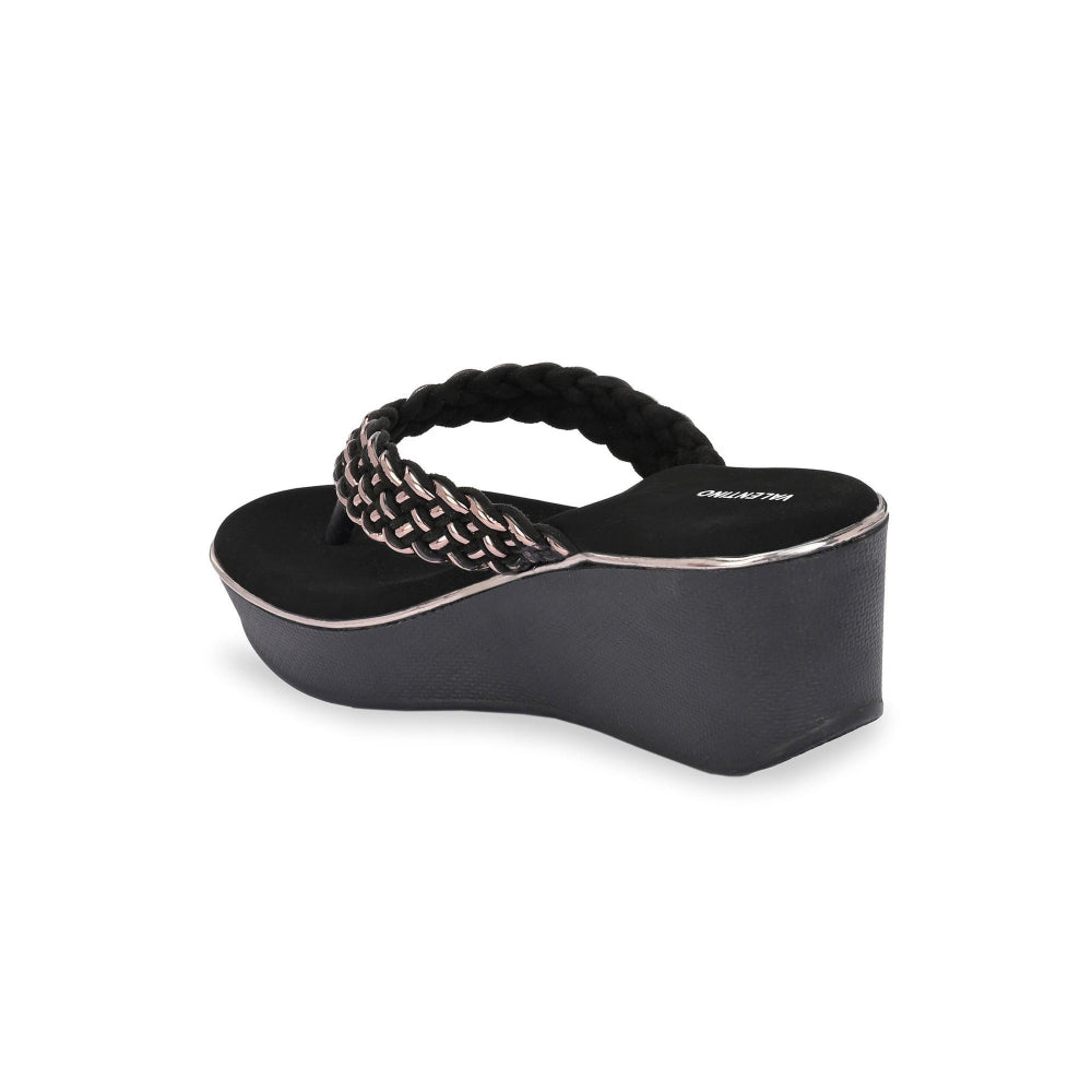 Valentino Women Black braided Platform Wedge Thong Sandals