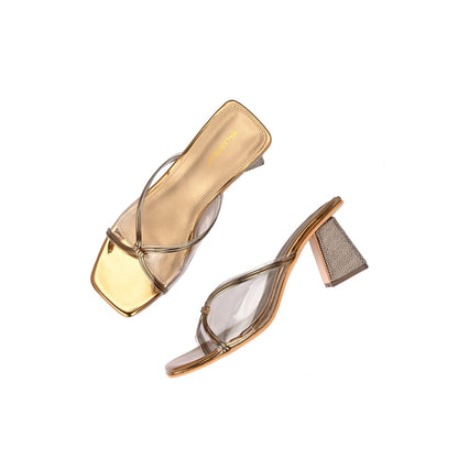 Valentino Women Gold Clear Strap Block Heel Sandal