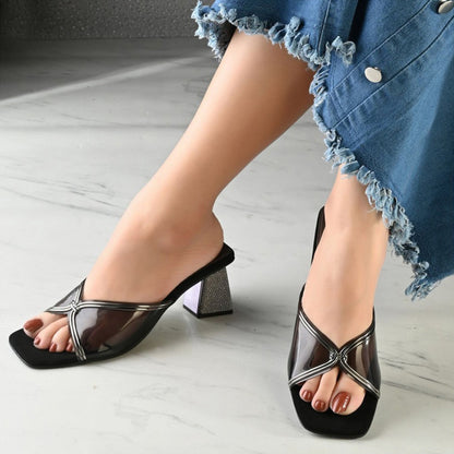 Valentino Women Metallic Clear Strap Block Heel Sandal