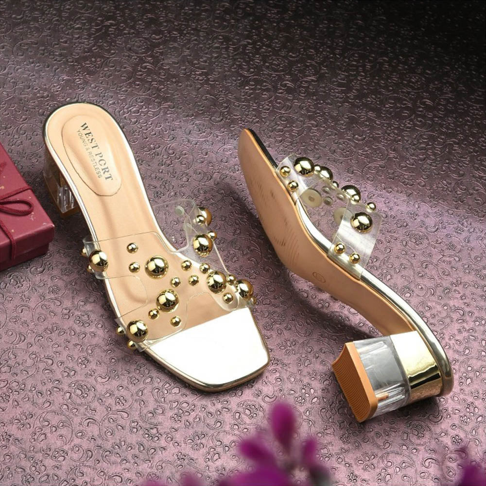 Valentino Women Transparent Gold Studded Block Heels