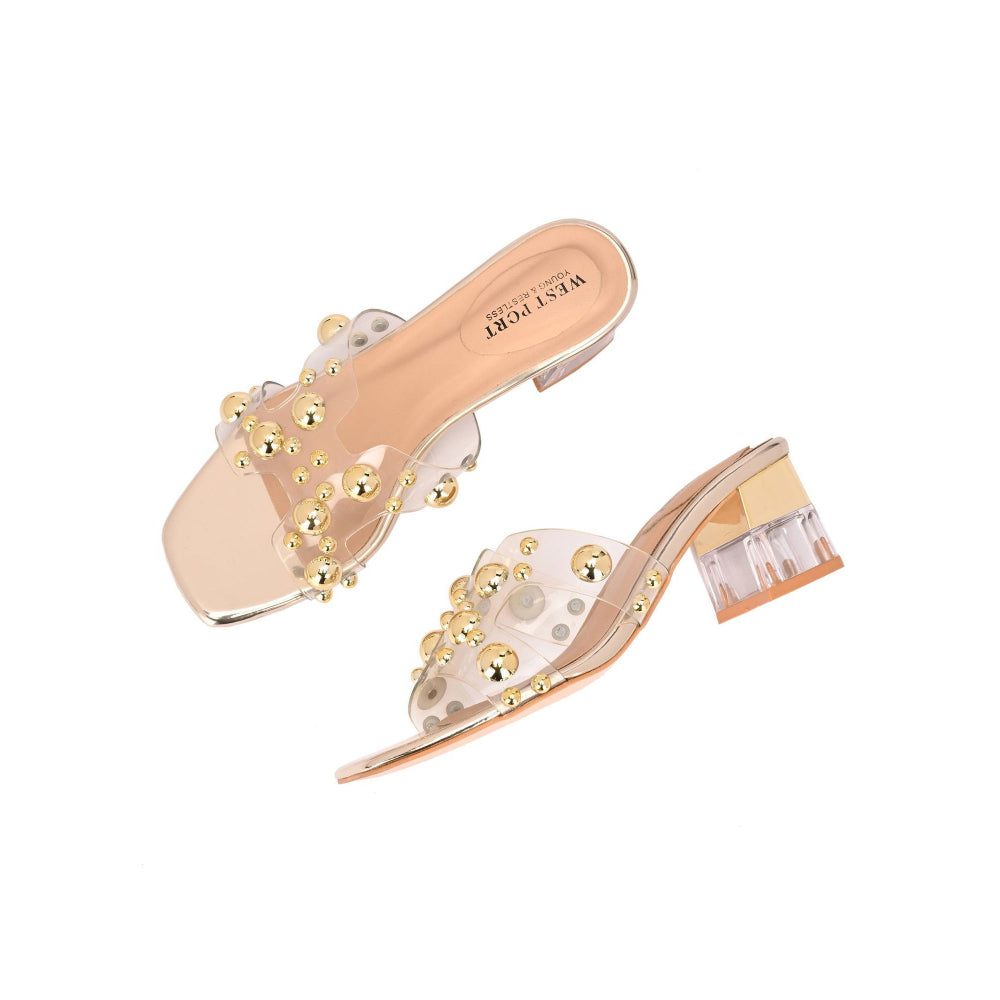 Valentino Women Transparent Gold Studded Block Heels