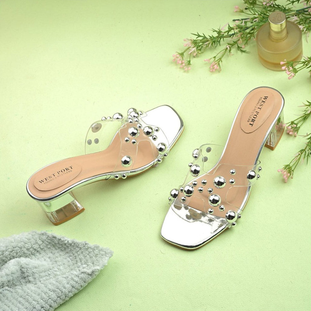 Valentino Women Transparent Silver Studded Block Heels