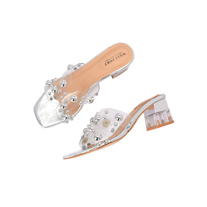 Valentino Women Transparent Silver Studded Block Heels