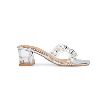 Valentino Women Transparent Silver Studded Block Heels